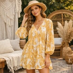 H&M Yellow & White Patterned Viscose Blend Dress | Boho Flowy Long Sleeve
